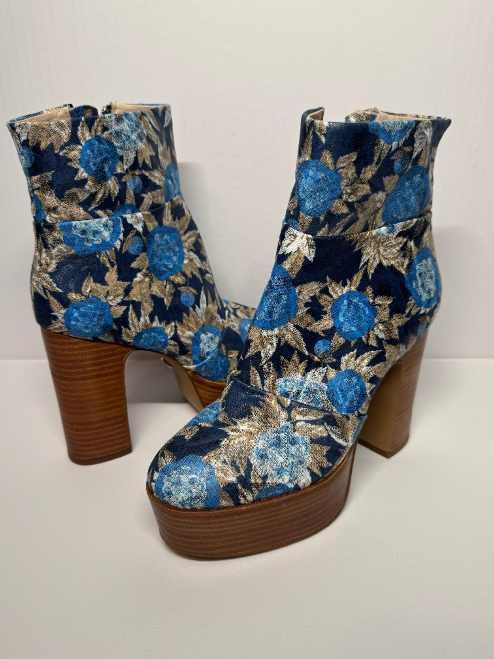 Cecelia New York NEW Floral Platform Ankle Boots S6 Blue Gold Statement Heels